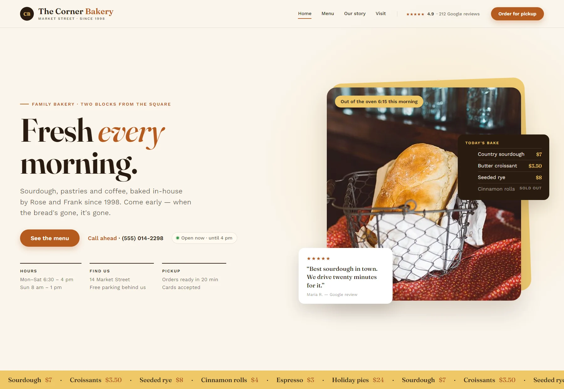 After: the rebuilt Corner Bakery site — the same bread photo cropped properly, hours and phone number front and center.