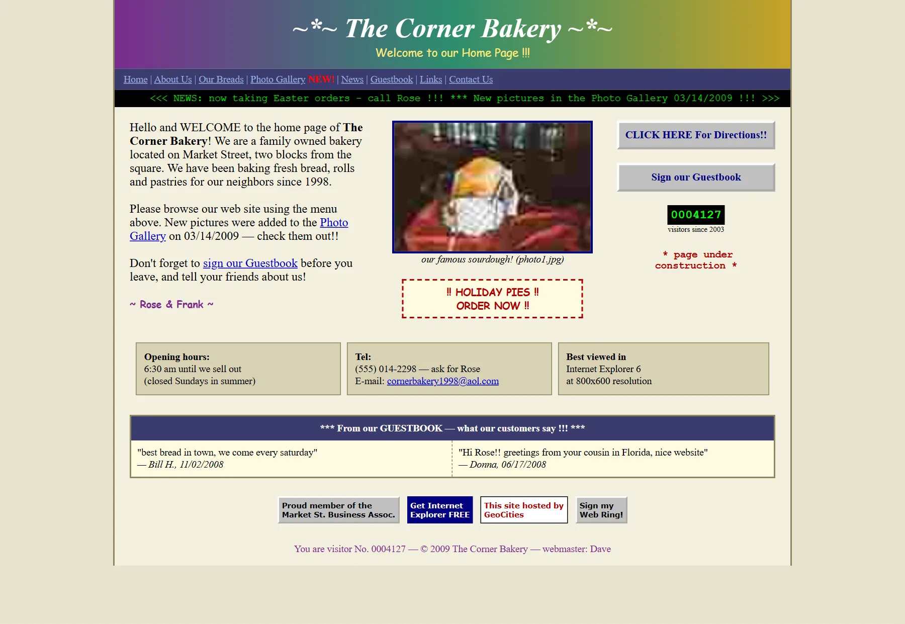 Before: The Corner Bakery's dated 2009 homepage — squashed photo, buried opening hours, visitor counter.