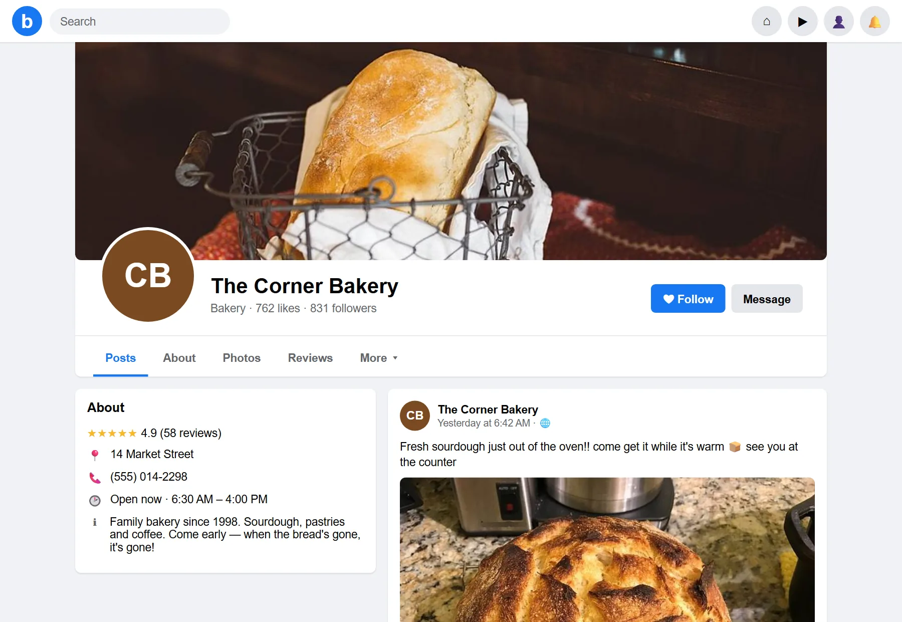 Before: The Corner Bakery's only web presence — a Facebook business page.